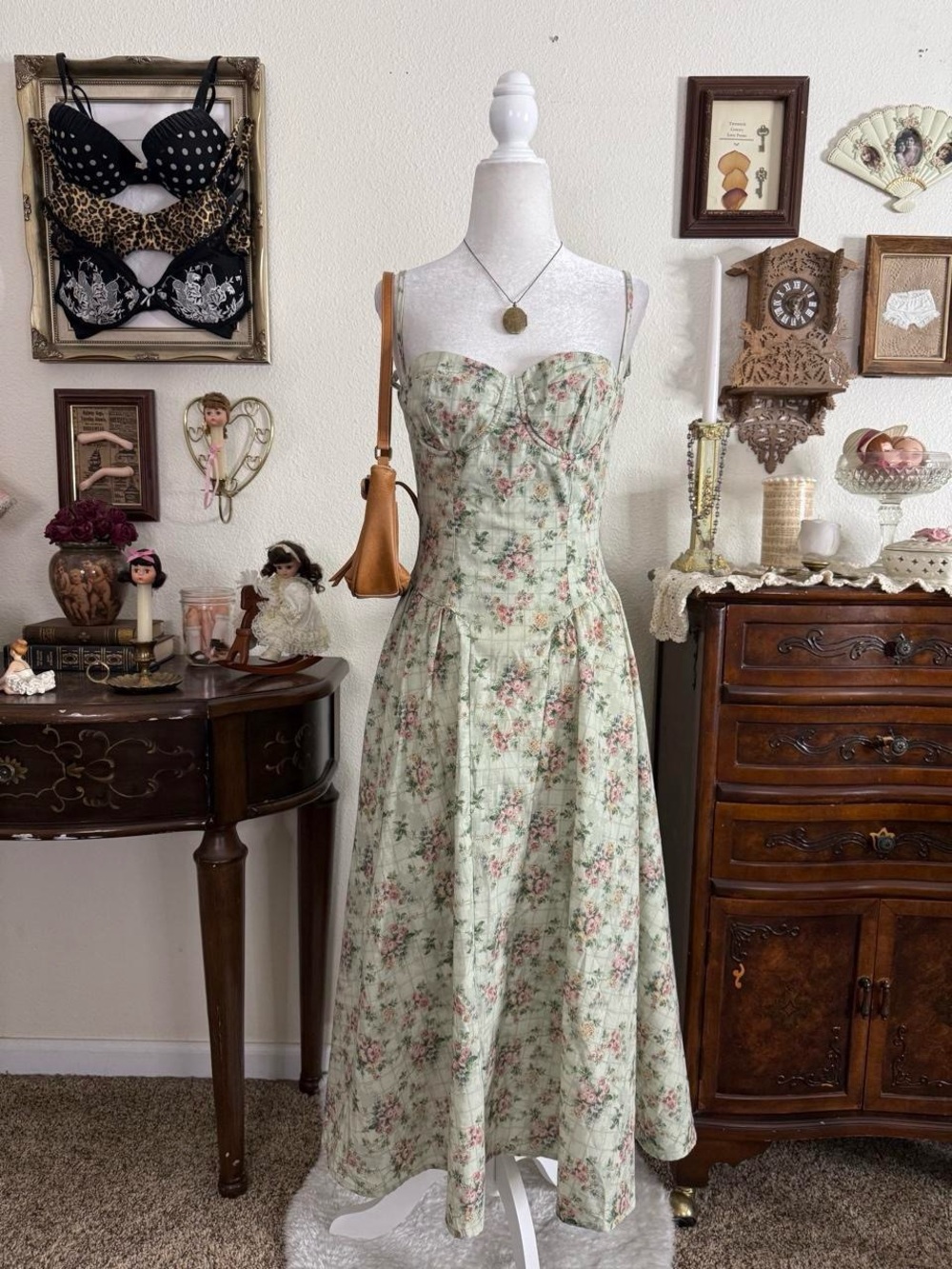 Dainty cottagecore romantic floral sage green midi length bustier dress